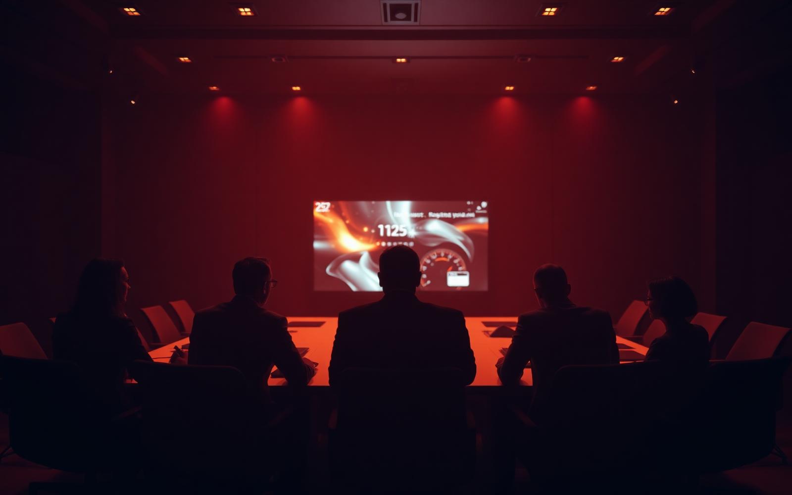 Executives in a boardroom reviewing a revenue brief