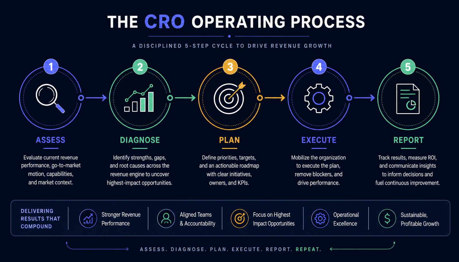 Infographic: the CRO Operating Process — Assess, Diagnose, Plan, Execute, Report